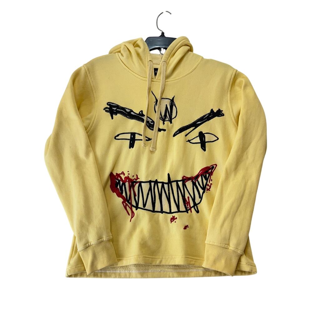 Evil Hearts Club Hoodie Mens XS Evil Face Yellow Pullover Sweatshirt Graphic